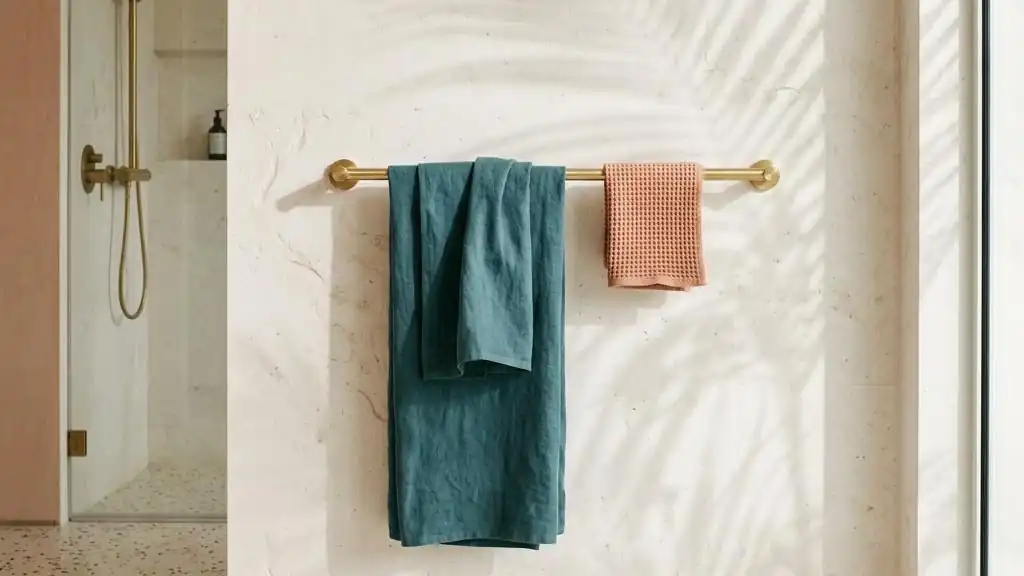 Quiet stone bathroom wall with a brass towel bar