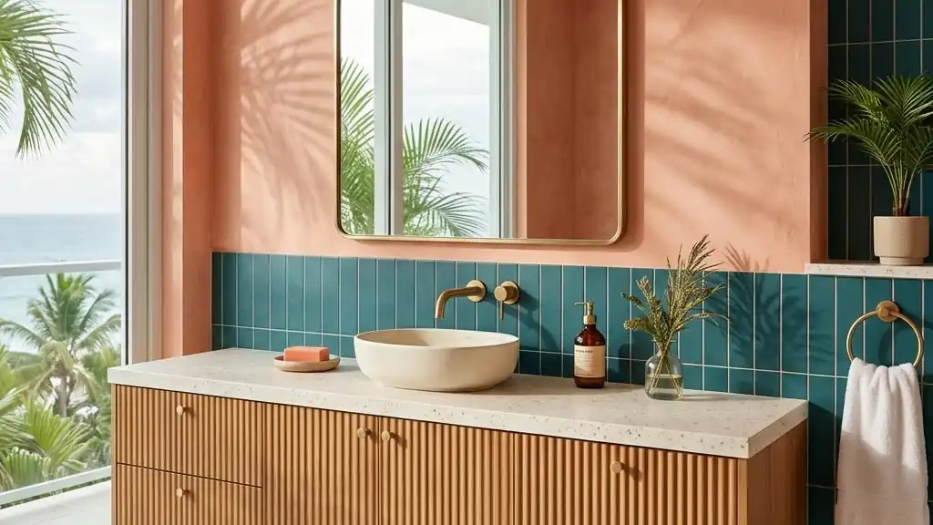 Bathroom vanity wall with fluted wood, brass faucets and an arched mirror against teal tile