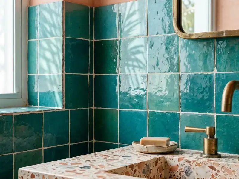 Close detail of handmade teal zellige wall tile meeting a terrazzo floor with clean grout lines