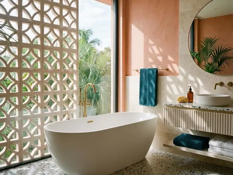 White tub under a breeze block window screen casting patterned shadows
