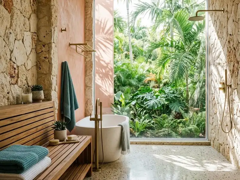 Spa bathroom with a teak bench, stone walls and a view of a tropical garden