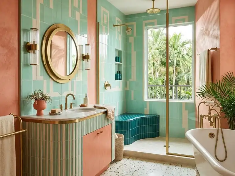 Art Deco inspired bathroom with mint and cream tile and a porthole mirror